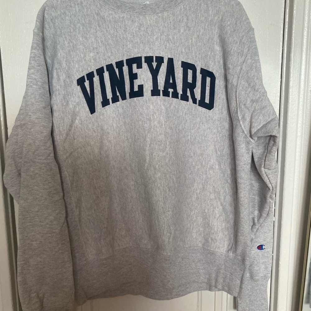 Unisex: Champion Gray Crewneck Sweatshirt with Navy Vineyard Print